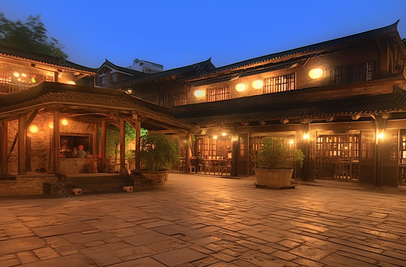夜晚的灯光下的二层建筑,高清,摄影图,摄影图片,图片大全,摄影图免费下载